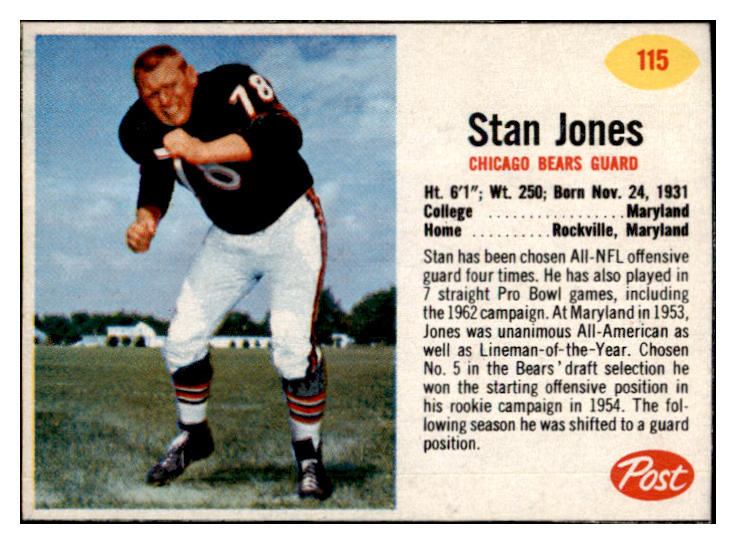 1962 Post Football #115 Stan Jones Bears NR-MT 457923