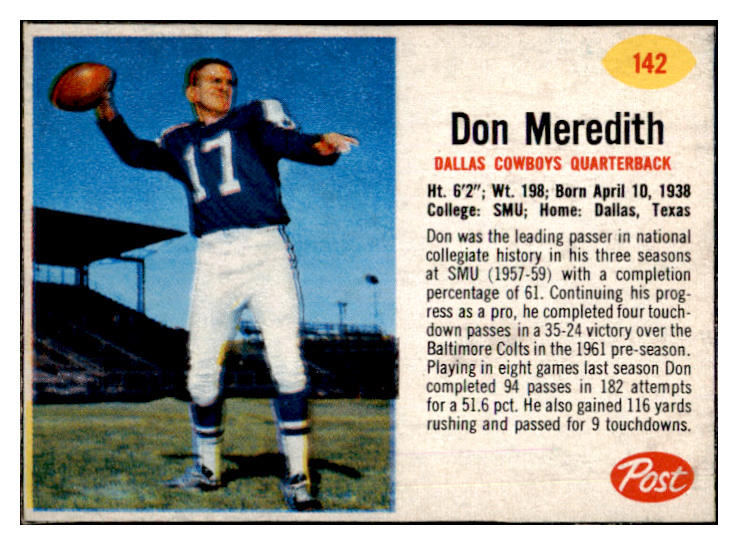 1962 Post Football #142 Don Meredith Cowboys EX-MT 457931