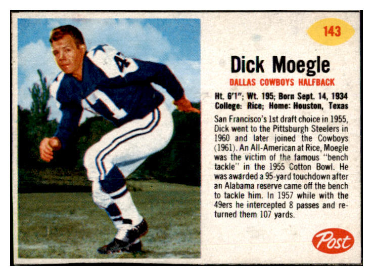 1962 Post Football #143 Dick Moegle Cowboys NR-MT 457932