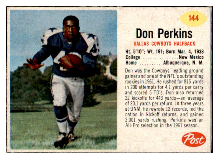 1962 Post Football #144 Don Perkins Cowboys EX-MT 457934