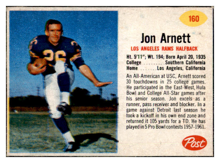 1962 Post Football #160 Jon Arnett Rams NR-MT 457942
