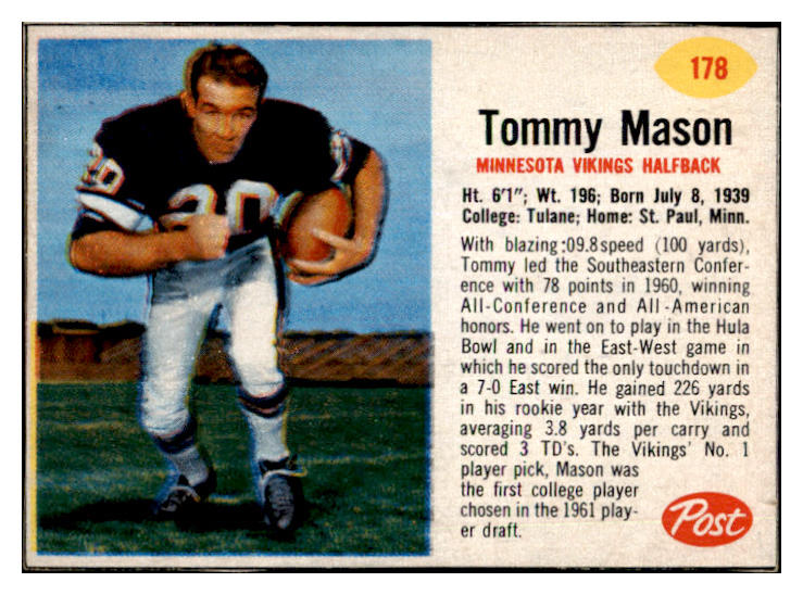 1962 Post Football #178 Tommy Mason Vikings EX 457947