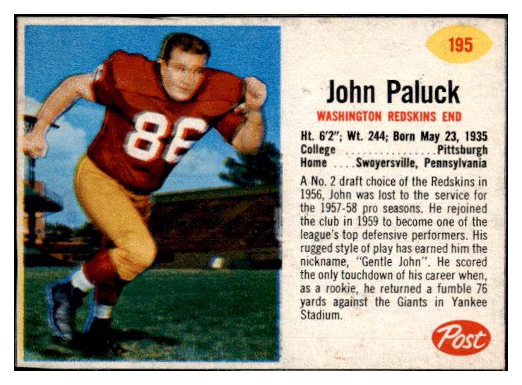 1962 Post Football #195 John Paluck Washington NR-MT 457949