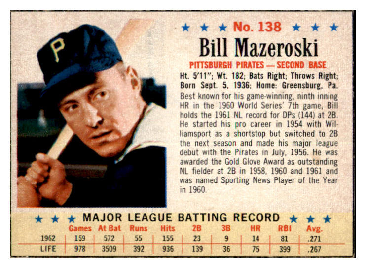 1963 Post Baseball #138 Bill Mazeroski Pirates EX-MT 458007