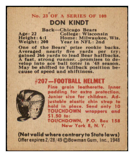 1948 Bowman Football #023 Don Kindt Bears EX-MT 458774