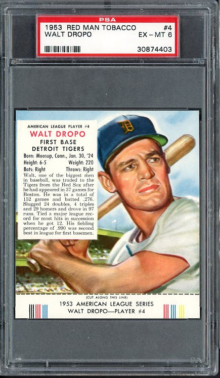 1953 Red Man #004AL Walt Dropo Tigers PSA 6 EX-MT w/Tab 459993