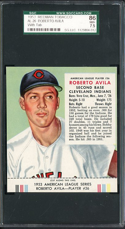 1953 Red Man #026AL Bobby Avila Indians SGC 86 NM+ w/Tab 460005