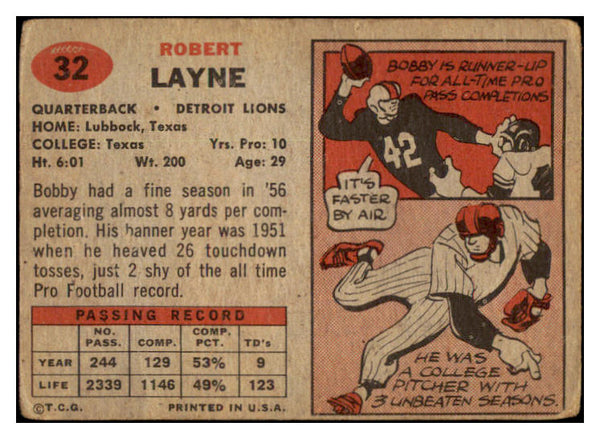 1957 Topps Football #032 Bobby Layne Lions Good 460276