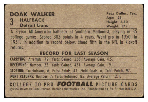 1952 Bowman Large Football #003 Doak Walker Lions VG 460630
