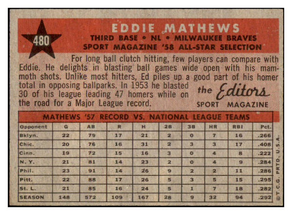 1958 Topps Baseball #480 Eddie Mathews A.S. Braves NR-MT 461739