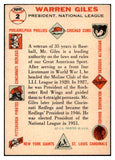 1956 Topps Baseball #002 Warren Giles President EX White 462956